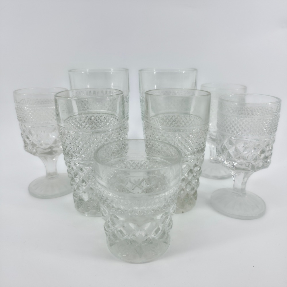Vintage Clear Pressed Glass Diamond Point Waffle Drinkware Set 8 Pieces